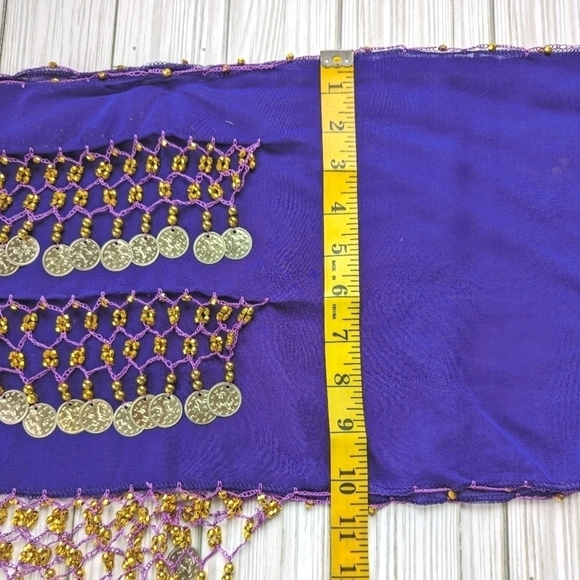 Chiffon Beaded Three Row Coin Festival Belt Scarf Wrap in Purple and Gold - Picture 12 of 14